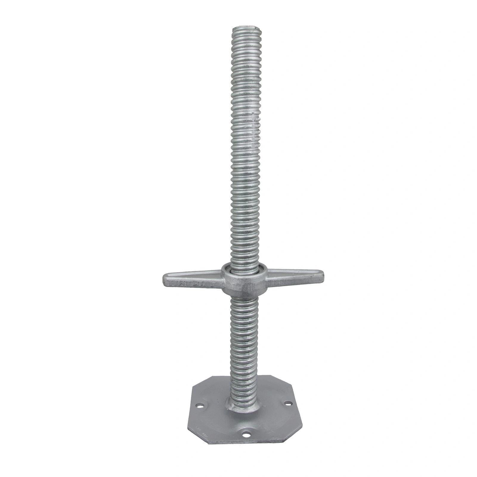 Adjustable scaffolding base jack with threaded rod, base plate and nut for leveling scaffold structures on uneven surfaces.