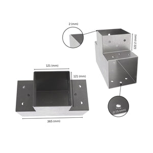 3 way post connector T shaped showing labeled dimensions, bracket size, length and thickness.