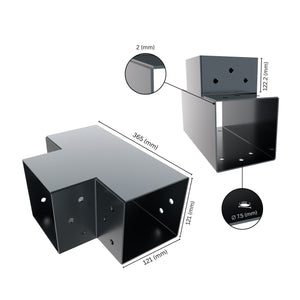 3 way post connector T shaped showing labeled dimensions, bracket size, length and thickness.