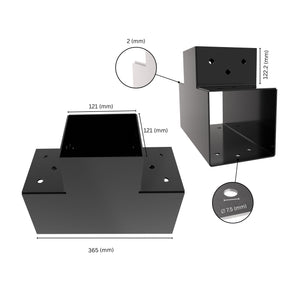 3 way post connector T shaped showing labeled dimensions, bracket size, length and thickness.