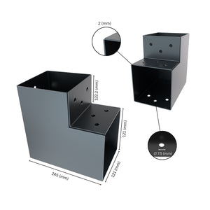 2 way post connector L shaped showing labeled dimensions, bracket size, length and thickness.