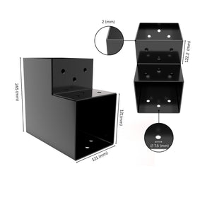 2 way post connector L shaped showing labeled dimensions, bracket size, length and thickness.