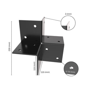 3-way open pergola corner connector bracket with labeled dimensions.
