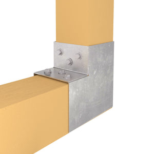 L-shaped post corner connector joining two wooden beams at a right angle.