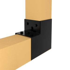 L-shaped post corner connector joining two wooden beams at a right angle.