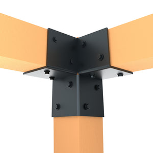 3-way pergola corner bracket connecting three wooden posts together.