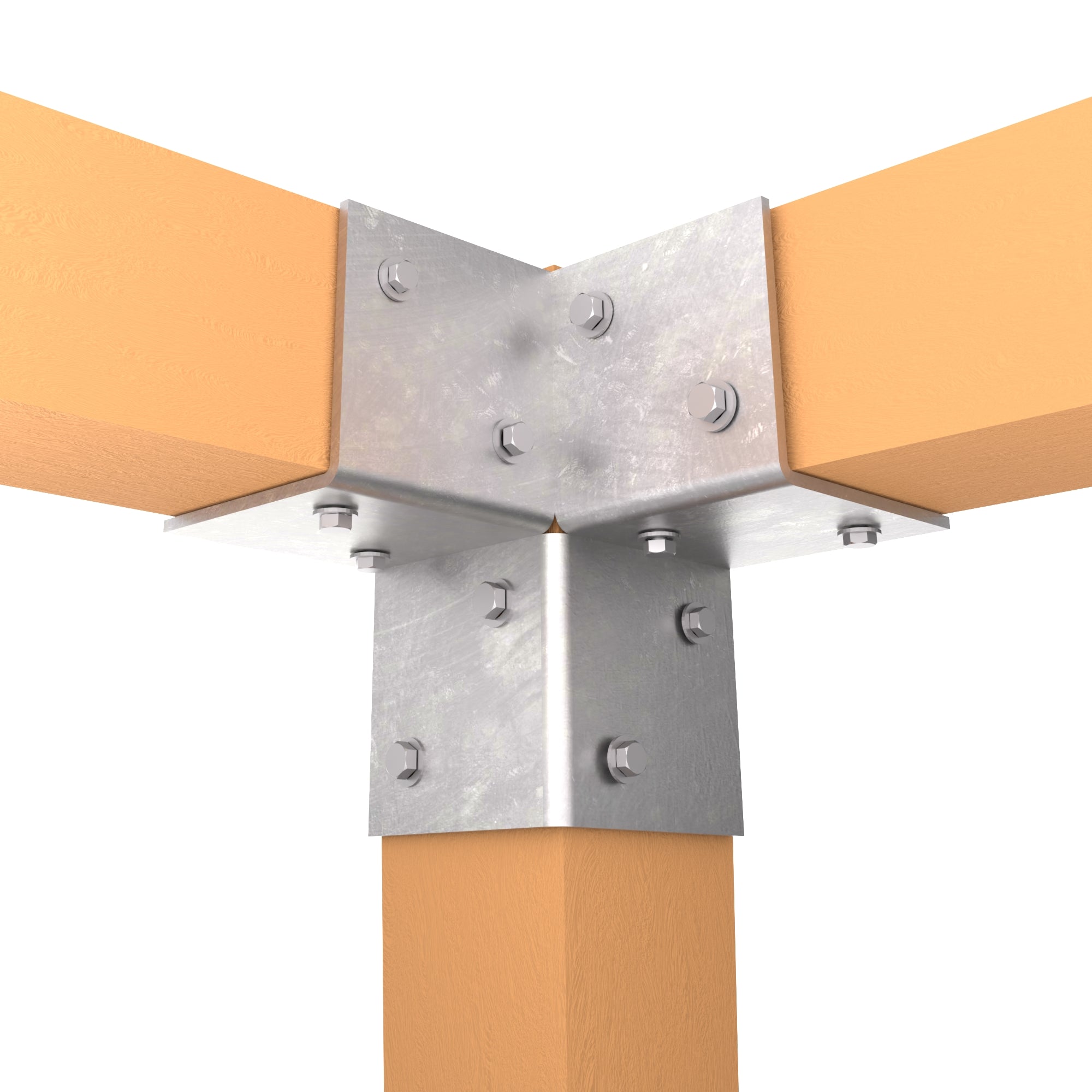 3-way pergola corner bracket connecting three wooden posts together.