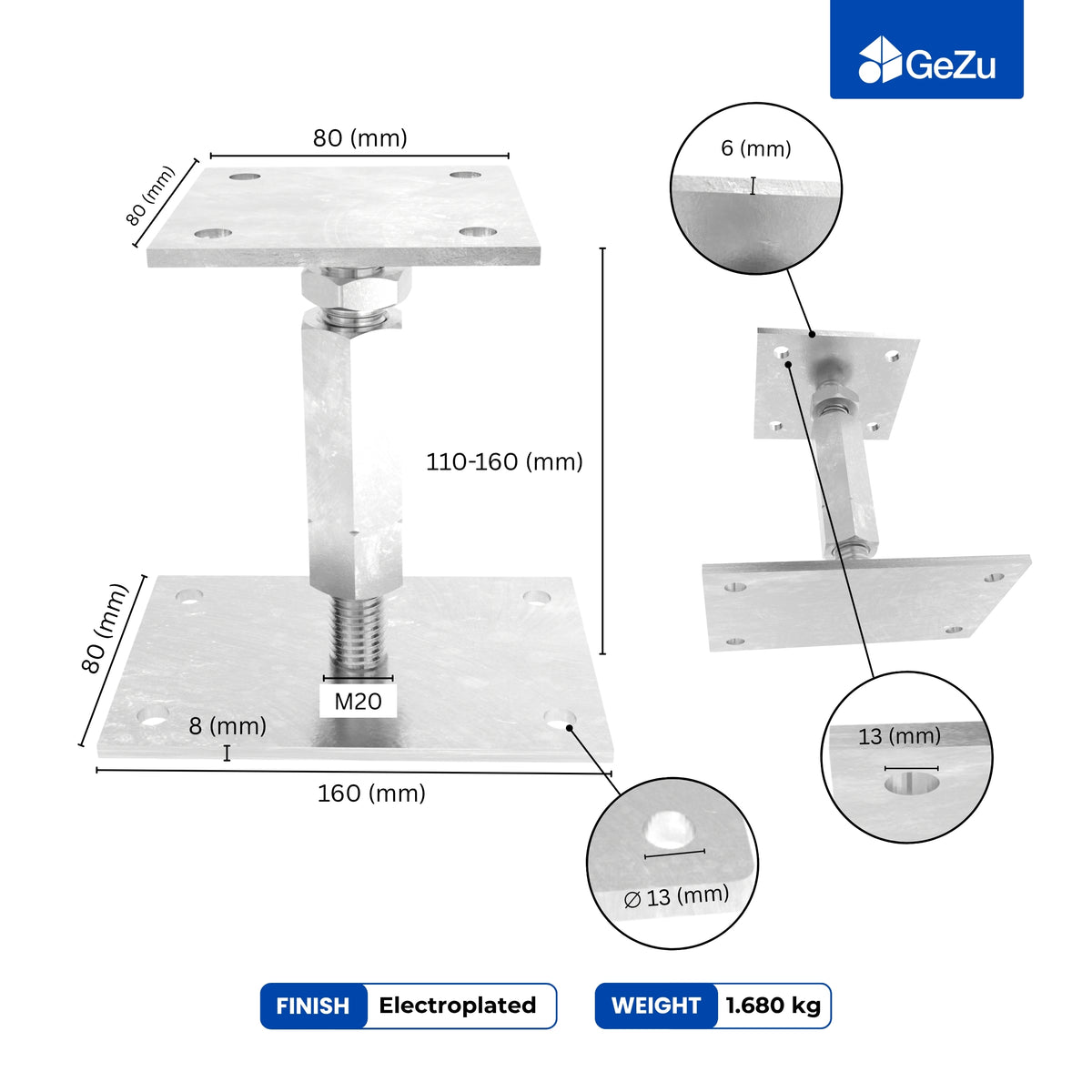 Bolt down elevated adjustable post base with nut - detail view