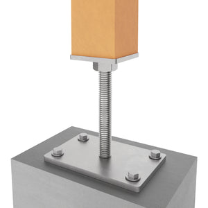 Wooden post mounted on concrete foundation using bolt down height adjustable post support.