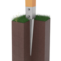 Metal fence post spike anchoring a wooden post underground, with the spike portion embedded in soil beneath the surface level.