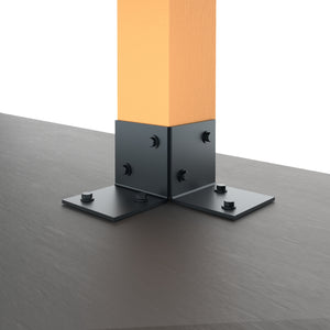 Metal pergola floor bracket securing a vertical wooden post to a flat surface.