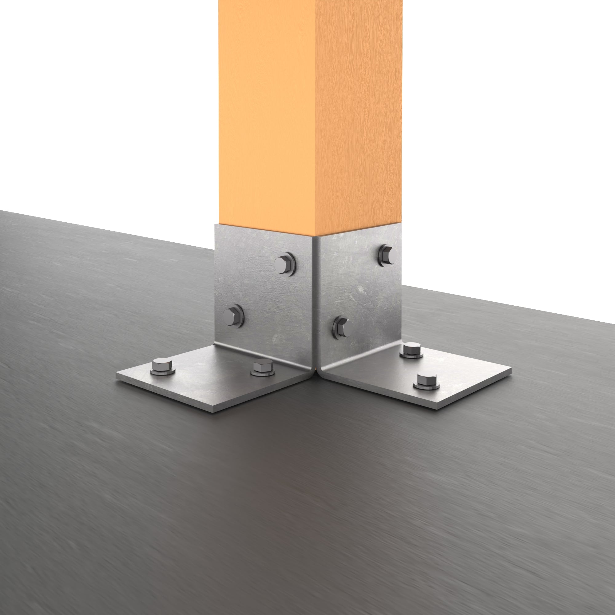 Metal pergola floor bracket securing a vertical wooden post to a flat surface.
