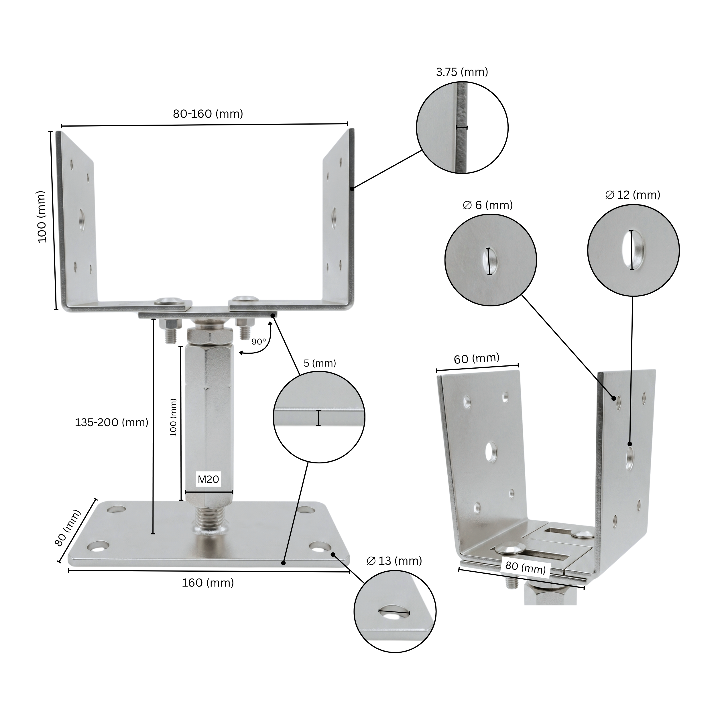 Bolt Down U Post Support Holder | Width & Hight Adjustable