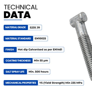 Technical data graphic for the galvanised T-bolt: S235 JR steel, EN 1461 hot-dip finish, 55 micron coating, 500 hour salt spray life