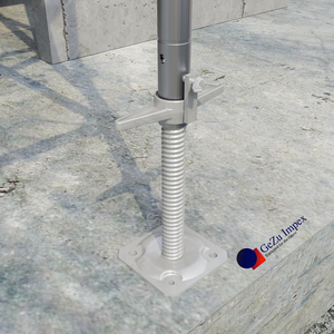 Scaffold leg mounted on an adjustable screw base jack for height leveling.
