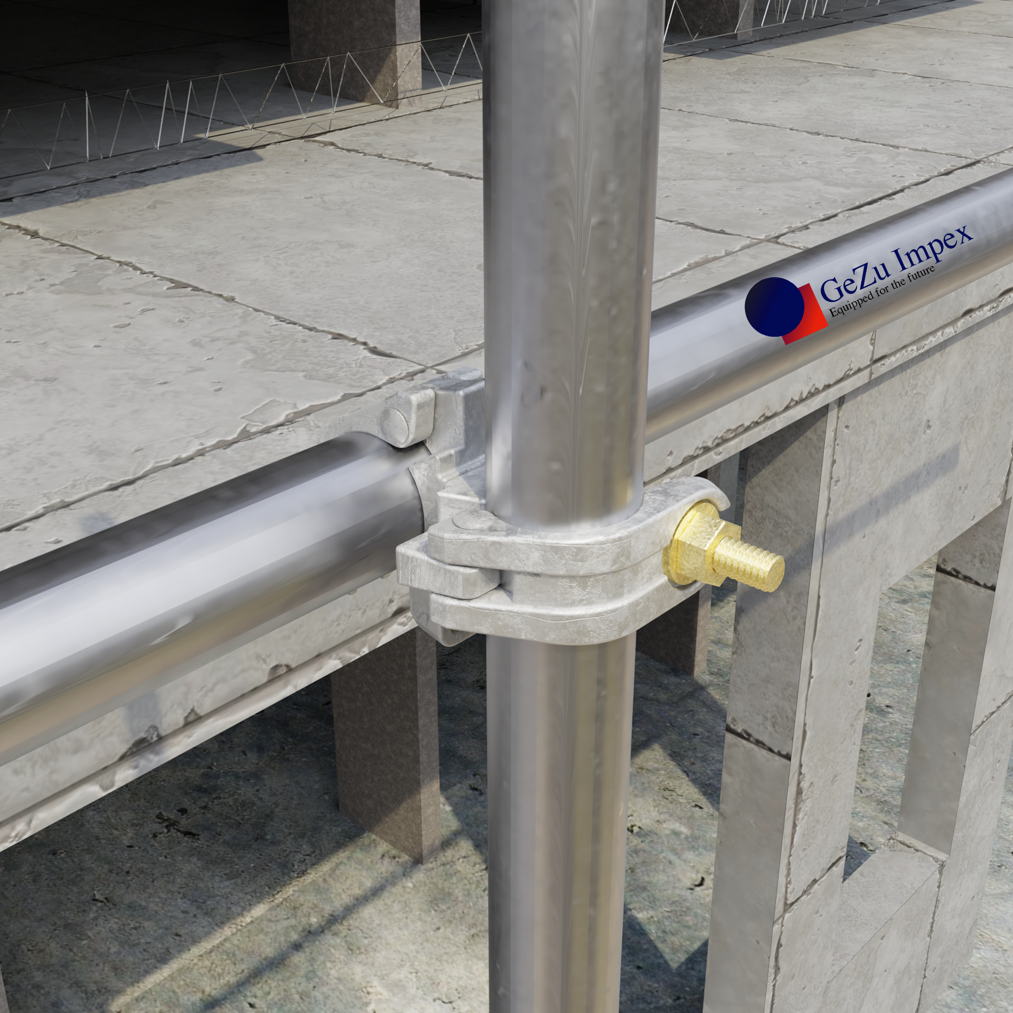 Scaffold tubes connected with a right angle coupler clamp.