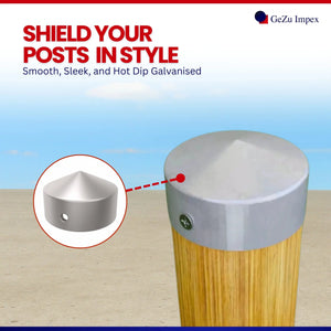 Fence pole cap fitted on top of a round post.