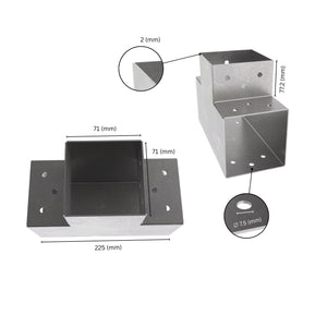 3 way post connector T shaped showing labeled dimensions, bracket size, length and thickness.