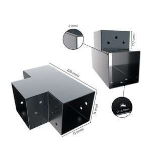 3 way post connector T shaped showing labeled dimensions, bracket size, length and thickness.