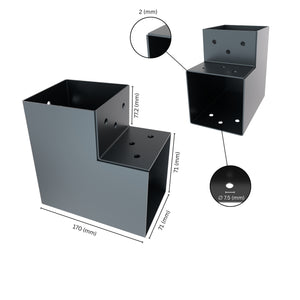 2 way post connector L shaped showing labeled dimensions, bracket size, length and thickness.