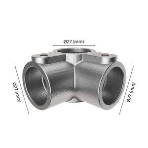 90° 3-way mid rail corner pipe clamp 27 mm with labeled dimensions.