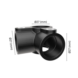 90° 3-way mid rail corner pipe clamp 27 mm with labeled dimensions.