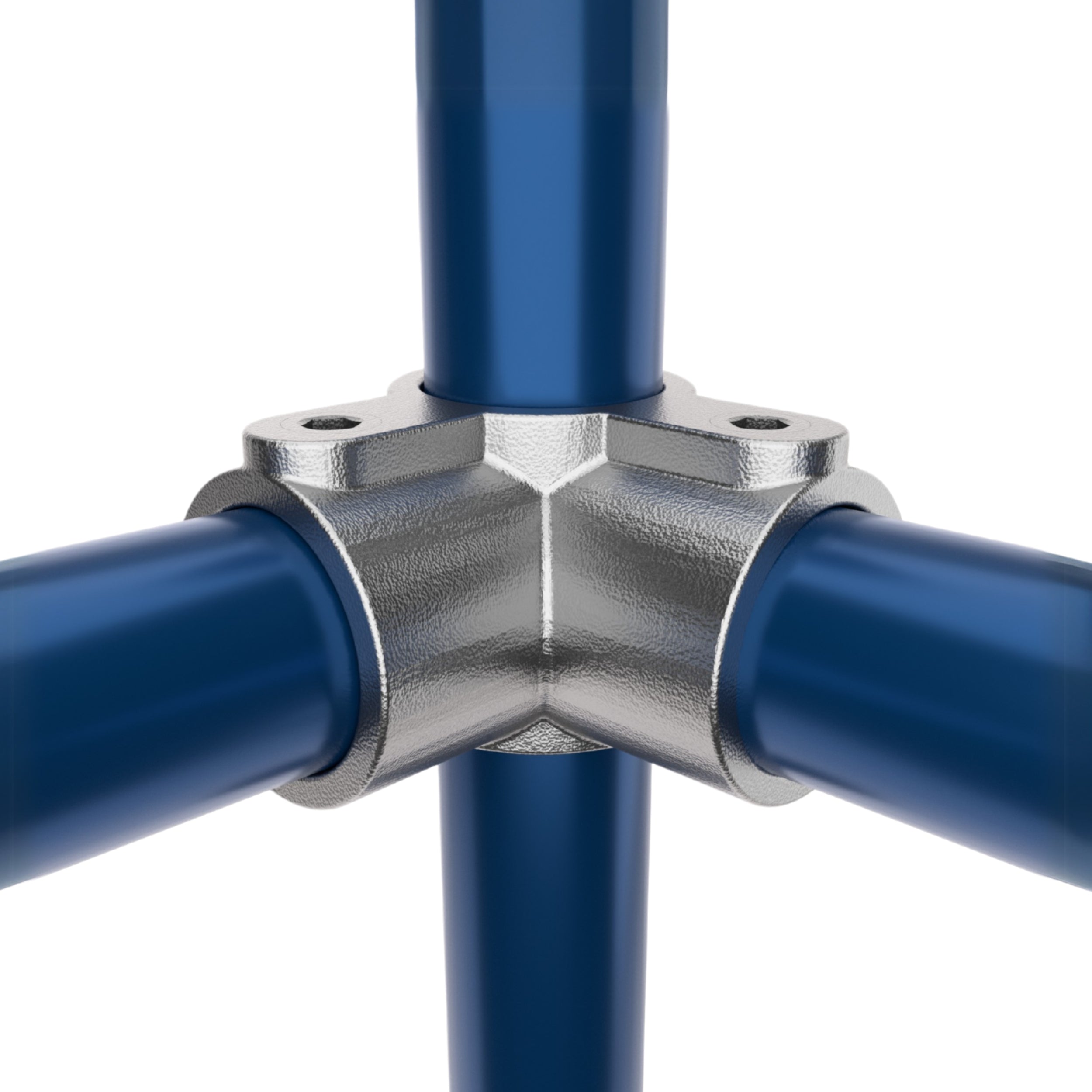 3-way through corner tube clamp joining three tubular pipes.