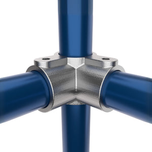 3-way through corner tube clamp joining three tubular pipes.