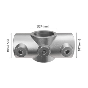Two Socket Cross Tube Clamp 27 mm with labeled dimensions.
