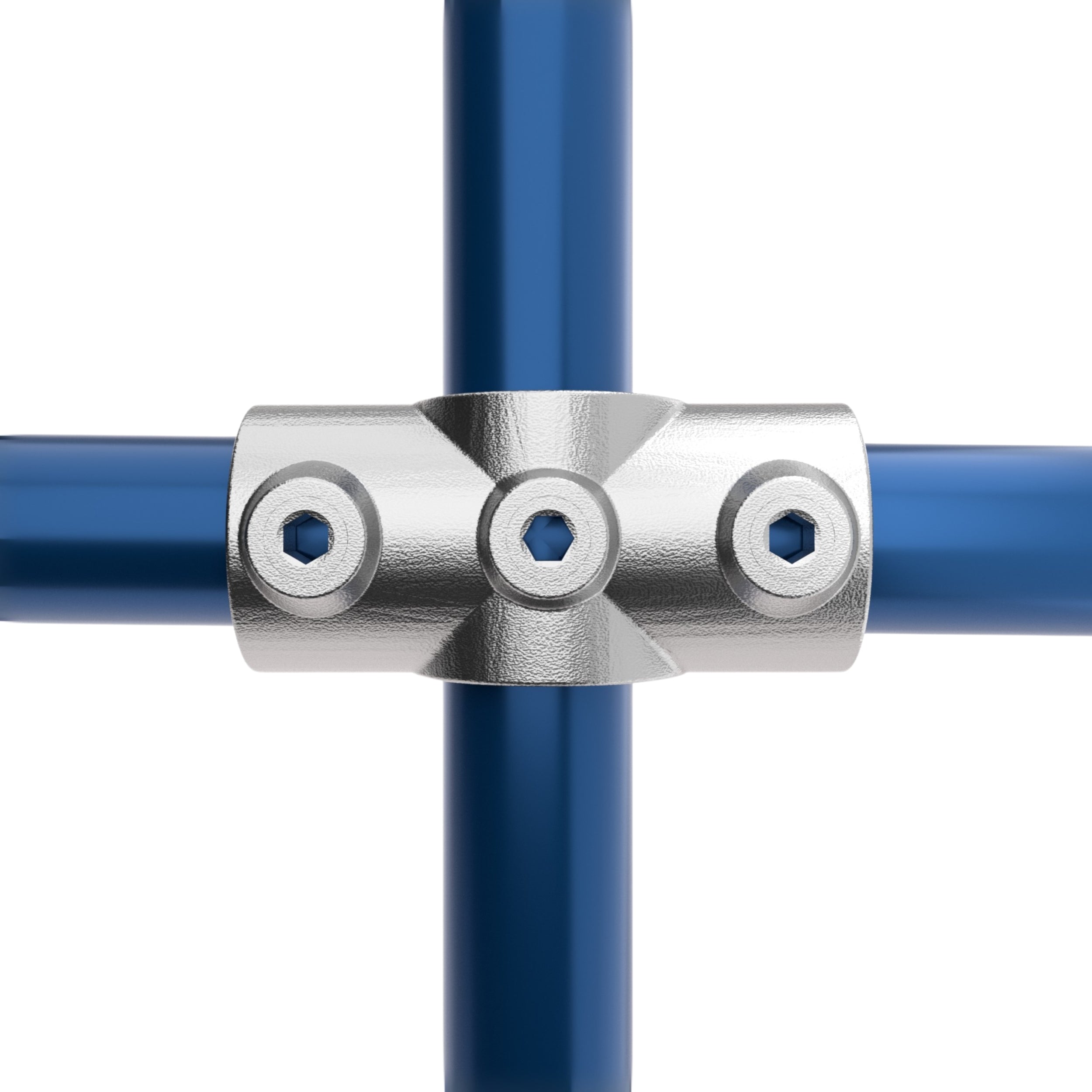 Two socket cross key clamp fitting joining three tubular pipes in a cross configuration.