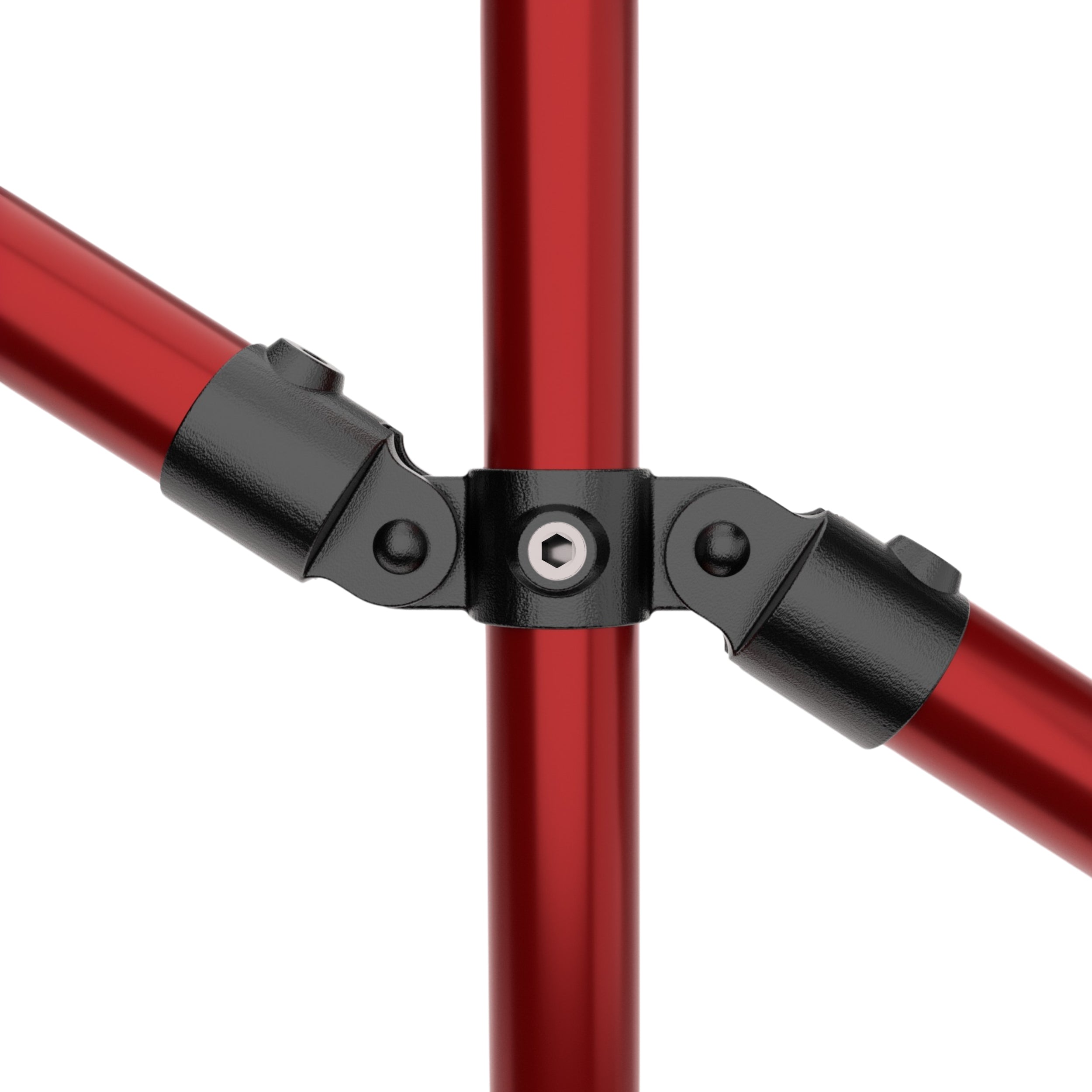 Double inline swivel connector clamp joining one vertical tube with two tubes at adjustable angles.