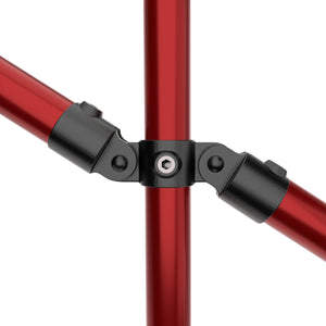 Double inline swivel connector clamp joining one vertical tube with two tubes at adjustable angles.