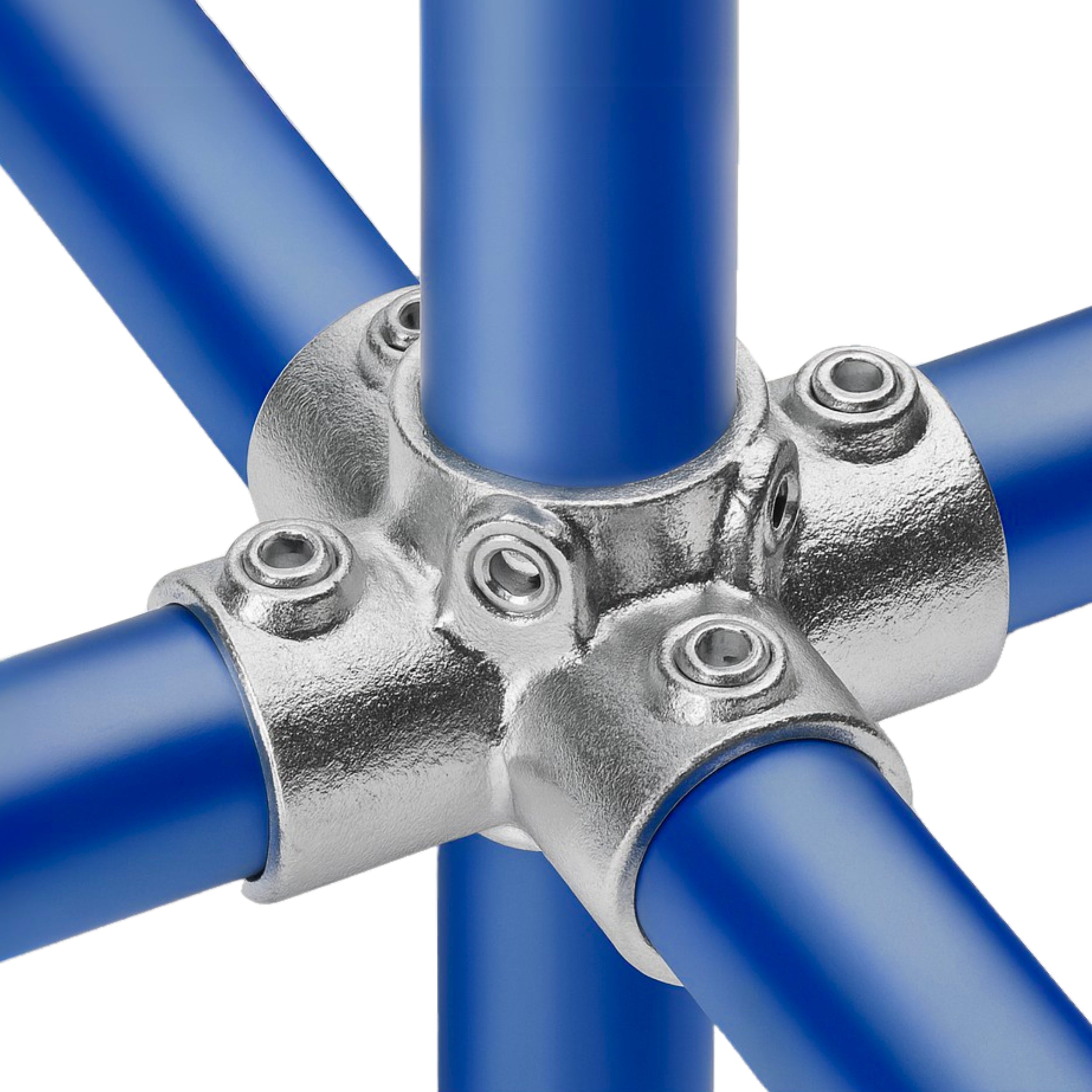 4-way cross tube clamp joining five tubular pipes in multiple directions.