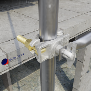 Scaffolding coupler with tilt pin connecting vertical and horizontal scaffold tubes.