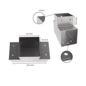 3 way post connector T shaped showing labeled dimensions, bracket size, length and thickness.