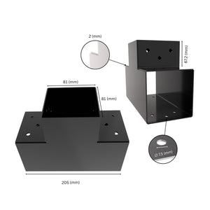 3 way post connector T shaped showing labeled dimensions, bracket size, length and thickness.
