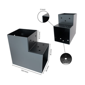 2 way post connector L shaped showing labeled dimensions, bracket size, length and thickness.