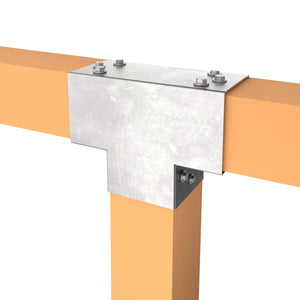 T-shaped metal post connector joining two horizontal wooden beams and one vertical post.