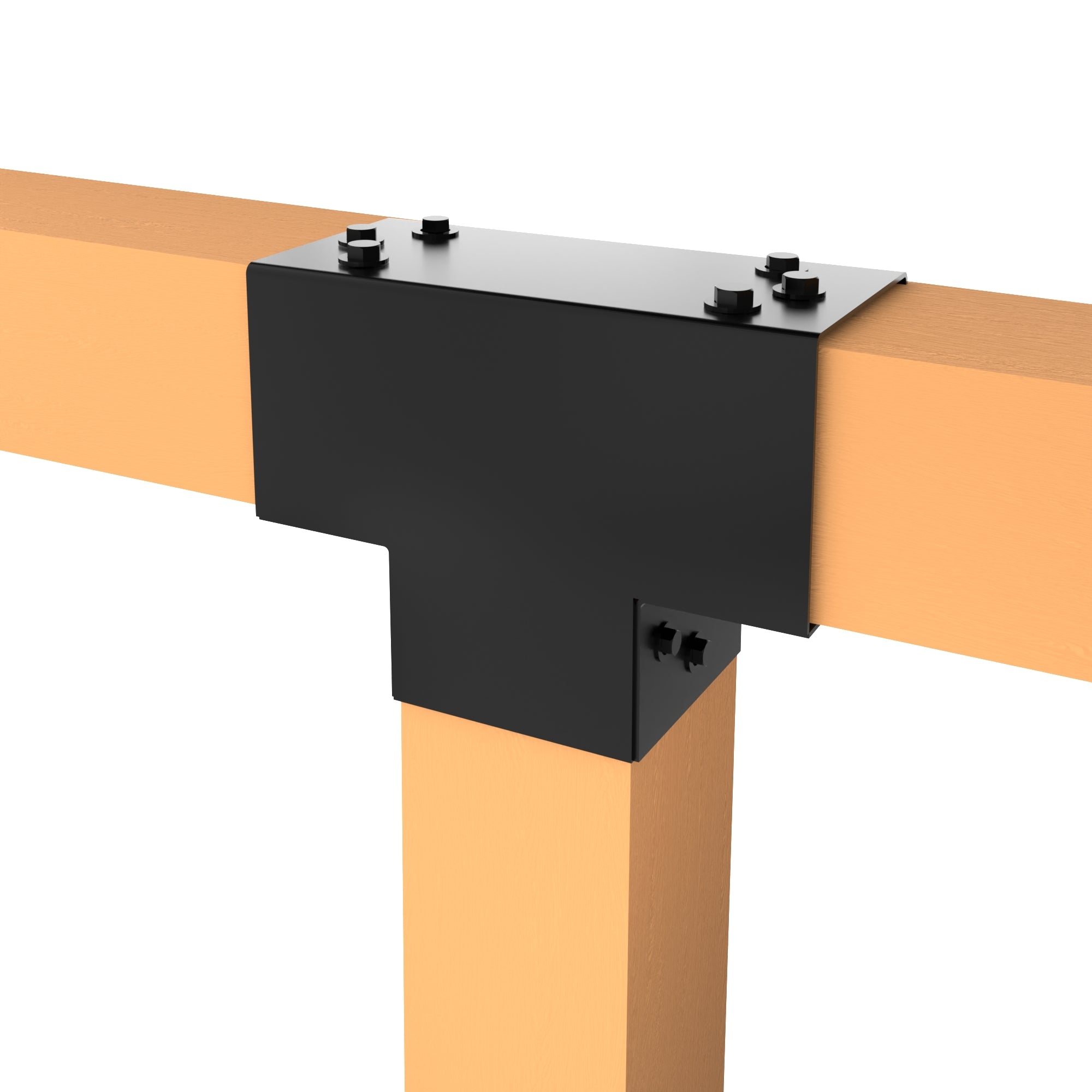 T-shaped metal post connector joining two horizontal wooden beams and one vertical post.