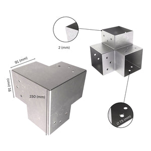 3 way post connector Y shaped showing labeled dimensions, bracket size, length and thickness.