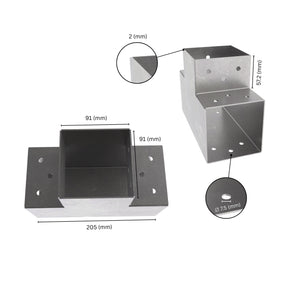 3 way post connector T shaped showing labeled dimensions, bracket size, length and thickness.