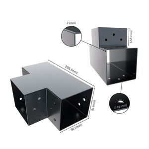 3 way post connector T shaped showing labeled dimensions, bracket size, length and thickness.