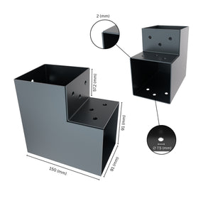 2 way post connector L shaped showing labeled dimensions, bracket size, length and thickness.