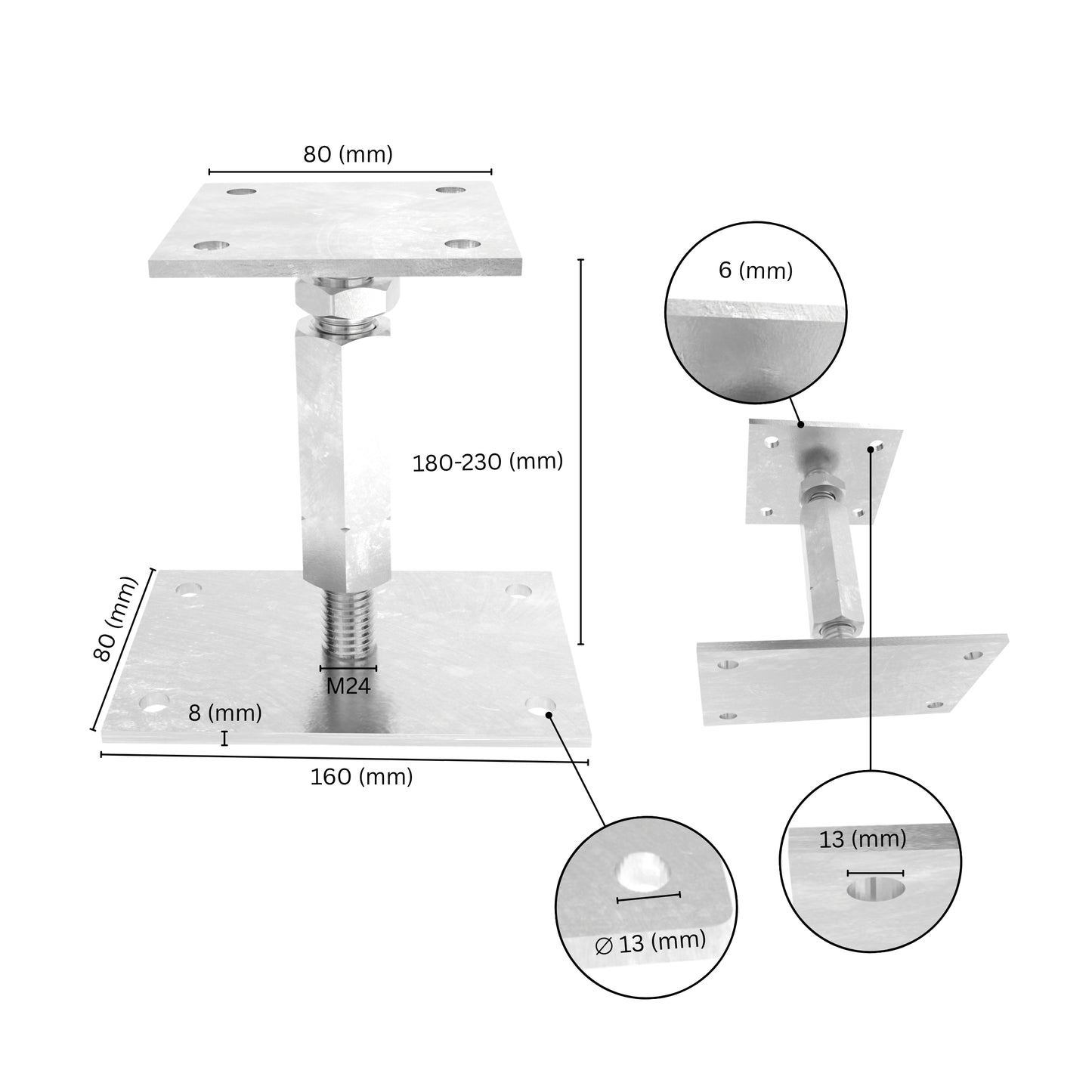 Adjustable post support with lock and long nut