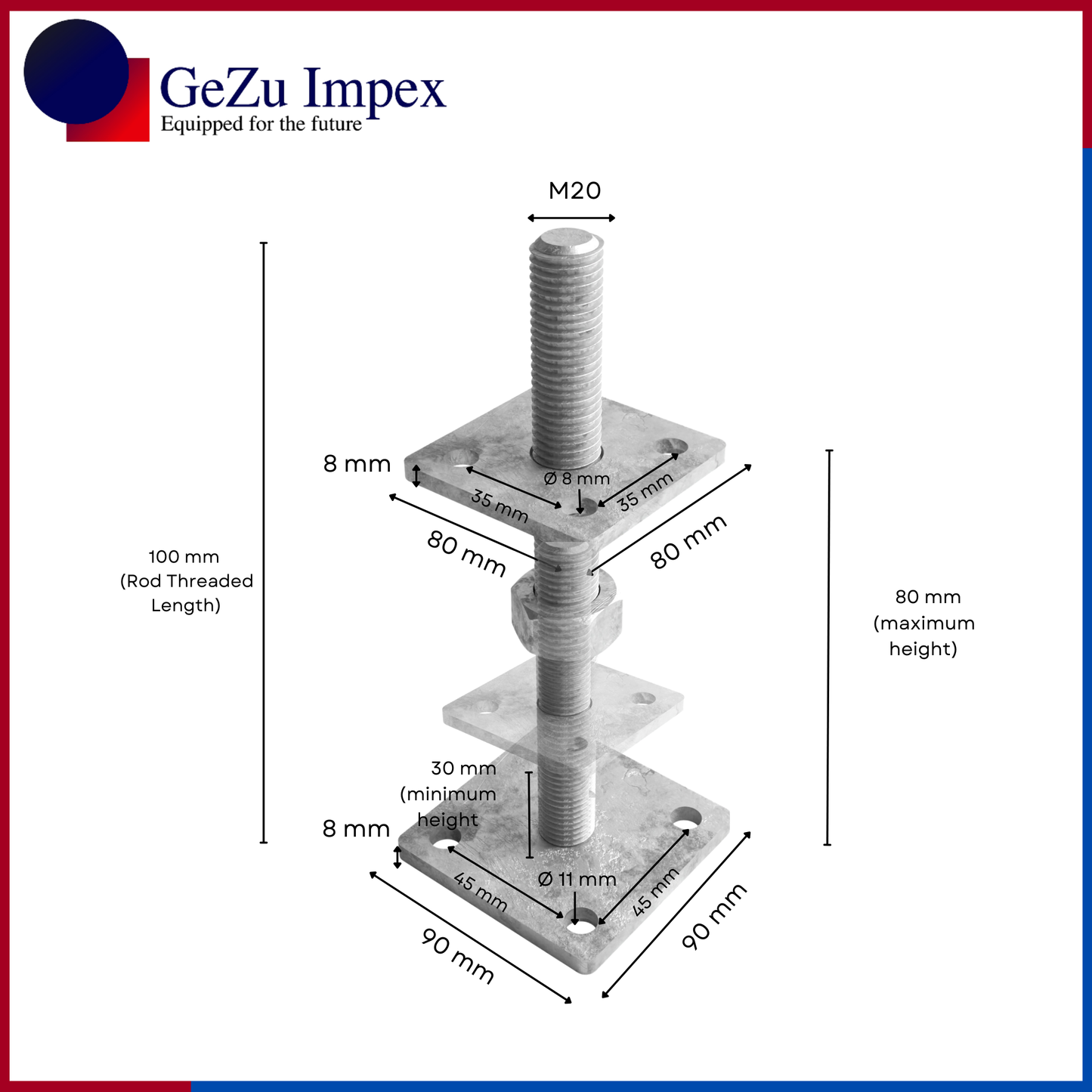 M20 nut size, adjustable in height upto 100 mm / Hot Dip Galvanised