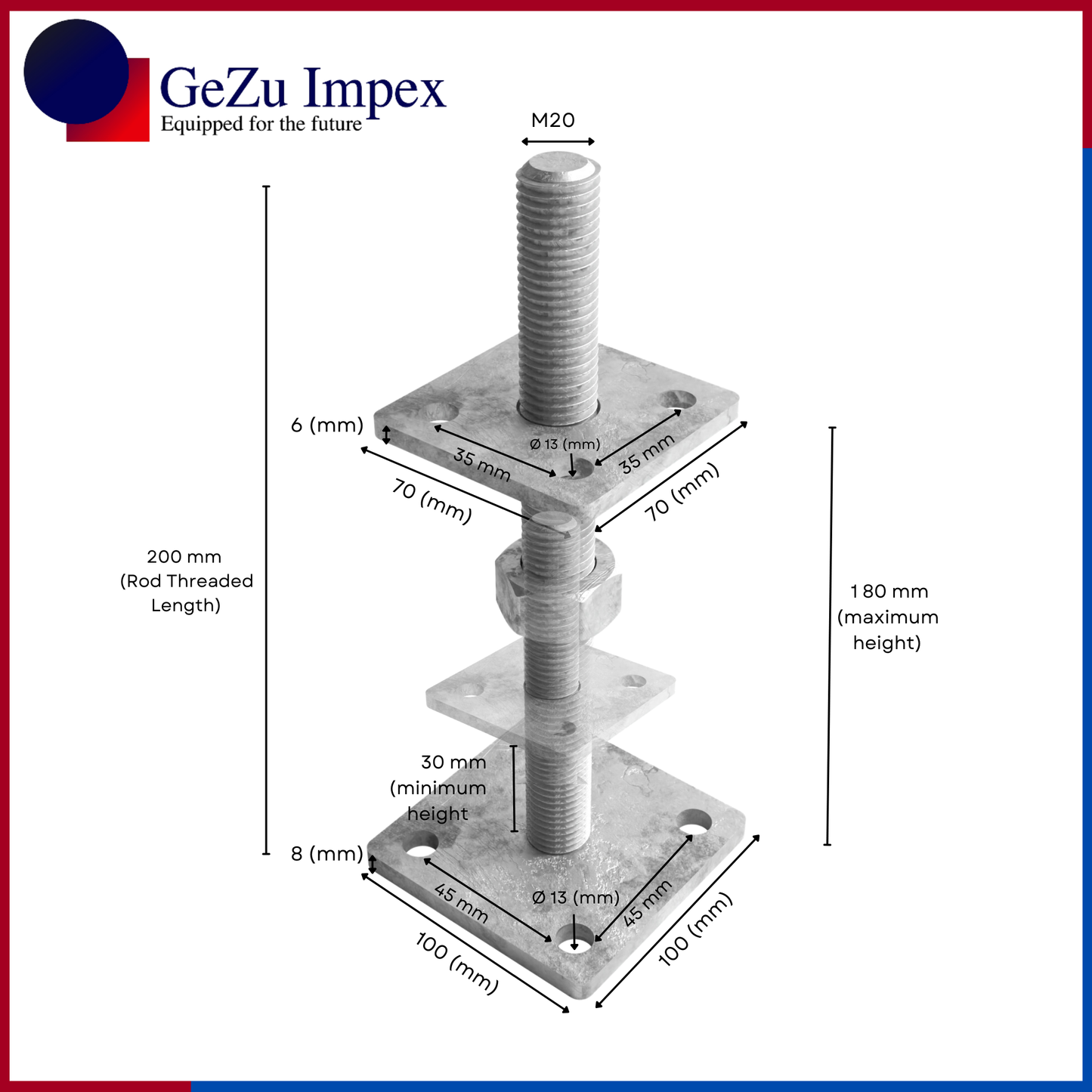 M20 nut size, adjustable in height upto 200 mm / Hot Dip Galvanised