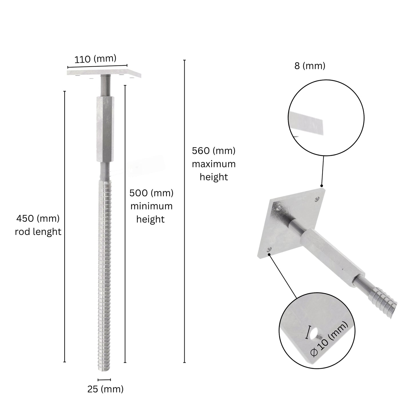 Adjustable T post support for concrete with lock and long nut