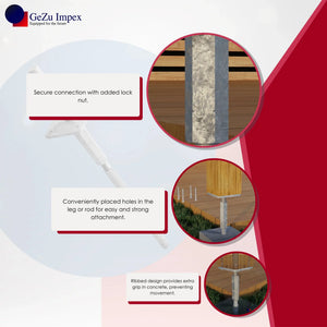 Heavy duty concrete in adjustable post support showing features.