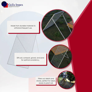 Compost sieve with wire mesh frame displayed with features.