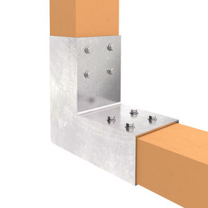 L-shaped post corner connector joining two wooden beams at a right angle.